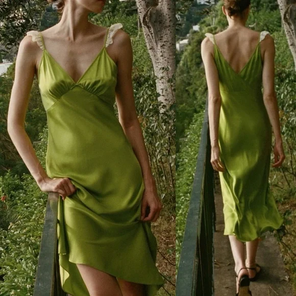 DOEN Claire Dress Silk Chartreuse Green Midi Maxi Slipdress XS Babydoll Retro - Picture 1 of 15